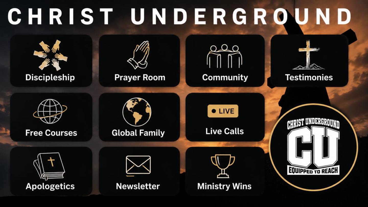 Christ Underground community hub — discipleship, prayer room, live calls, free courses and testimonies