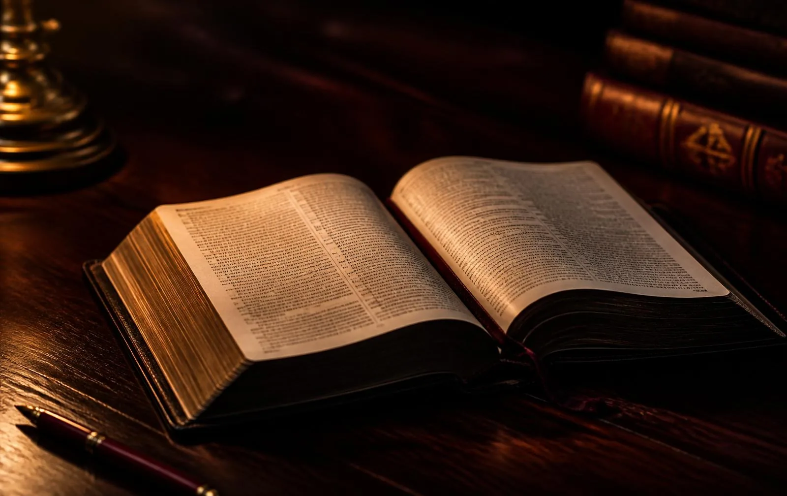Open Bible on a dark table lit by a warm lamp